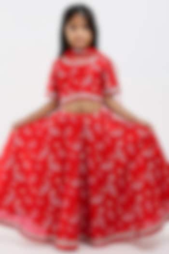 Red Handwoven Chanderi Bird Printed Lehenga Set For Girls by Mamma Plz