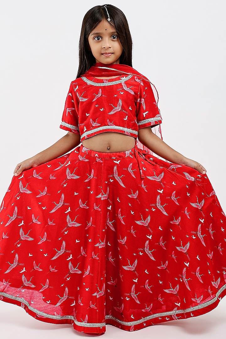 Red Handwoven Chanderi Bird Printed Lehenga Set For Girls by Mamma Plz