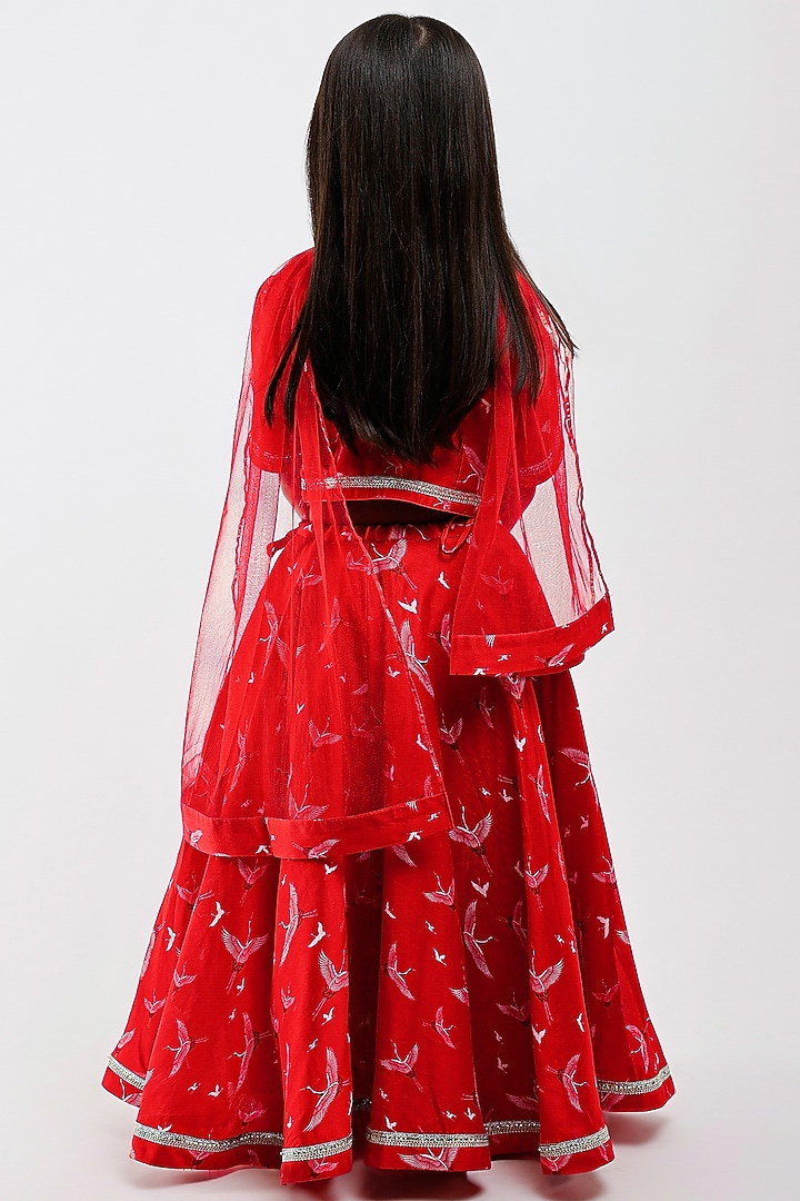 Red Handwoven Chanderi Bird Printed Lehenga Set For Girls by Mamma Plz at Pernia's Pop Up Shop