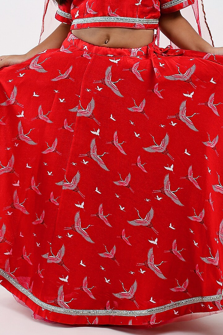 Red Handwoven Chanderi Bird Printed Lehenga Set For Girls by Mamma Plz at Pernia's Pop Up Shop