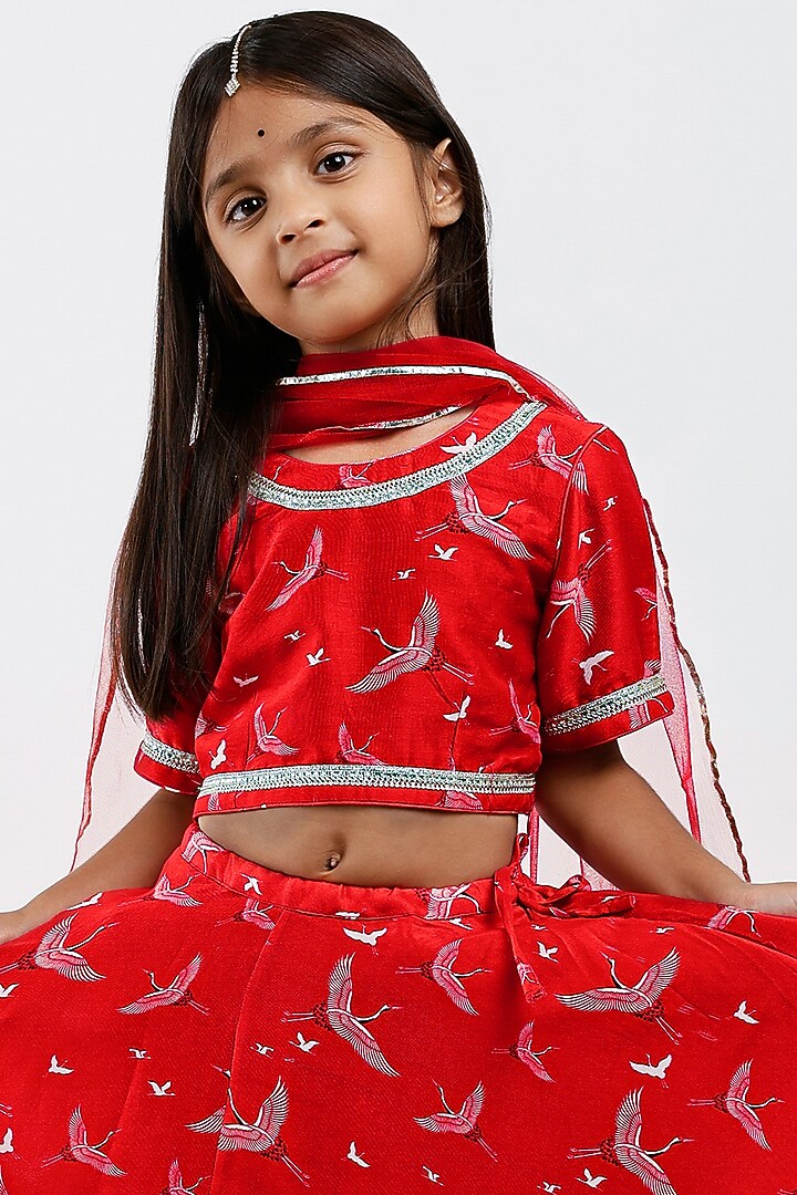 Red Handwoven Chanderi Bird Printed Lehenga Set For Girls by Mamma Plz at Pernia's Pop Up Shop
