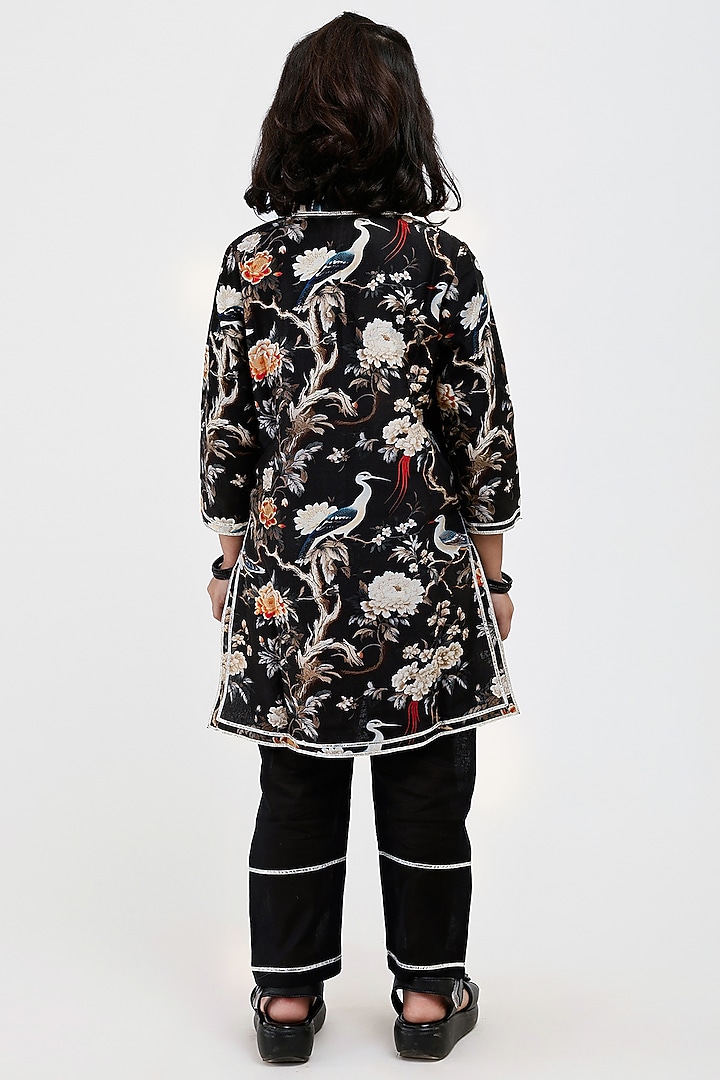 Black Handwoven Chanderi Floral Printed Kurta Set For Girls by Mamma Plz at Pernia's Pop Up Shop