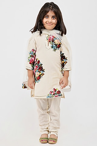 Ivory Handwoven Chanderi Floral Printed Kurta Set For Girls by Mamma Plz