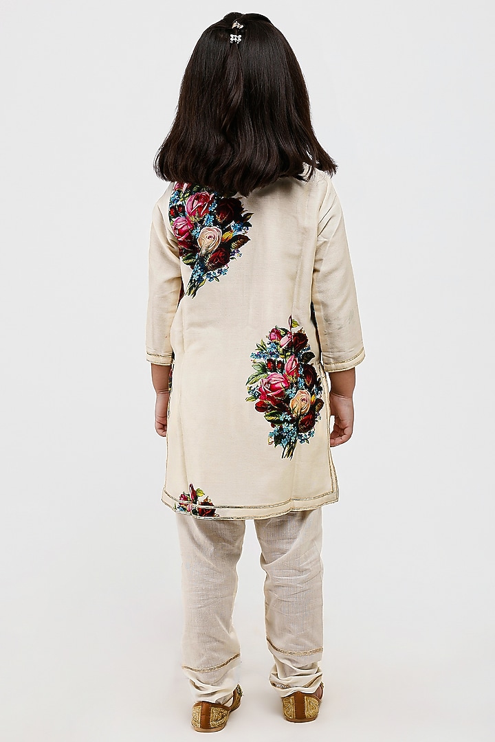 Ivory Handwoven Chanderi Floral Printed Kurta Set For Girls by Mamma Plz at Pernia's Pop Up Shop