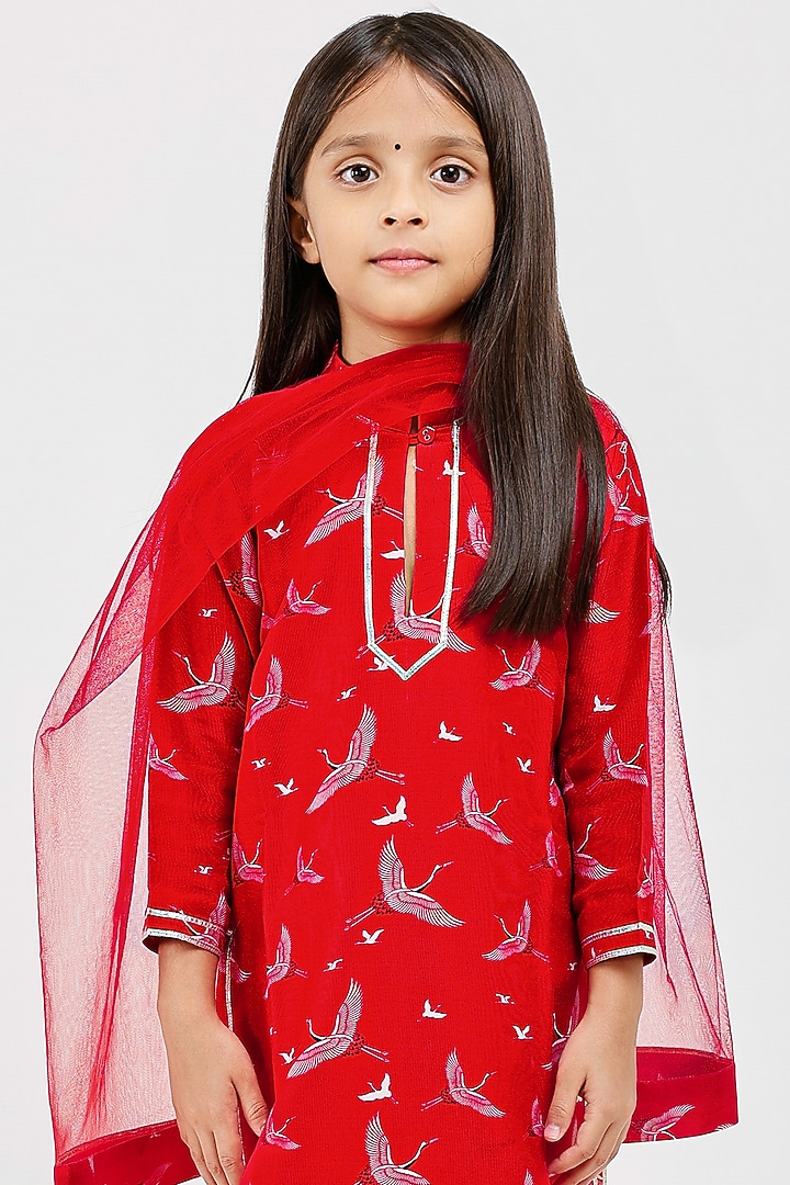 Red Handwoven Chanderi Bird Printed Kurta Set For Girls by Mamma Plz at Pernia's Pop Up Shop