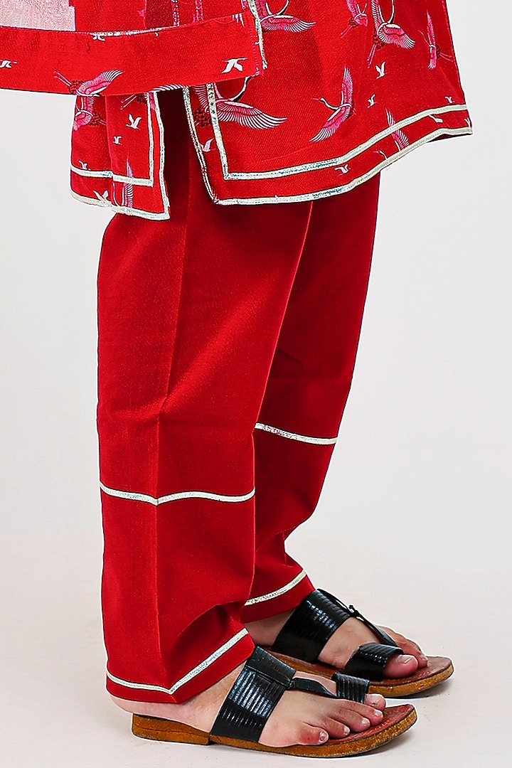 Red Handwoven Chanderi Bird Printed Kurta Set For Girls by Mamma Plz at Pernia's Pop Up Shop