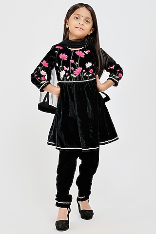 Black Velvet Floral Embroidered Anarkali Set For Girls by Mamma Plz