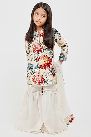 Ivory Handwoven Chanderi Floral Printed Sharara Set For Girls by Mamma Plz