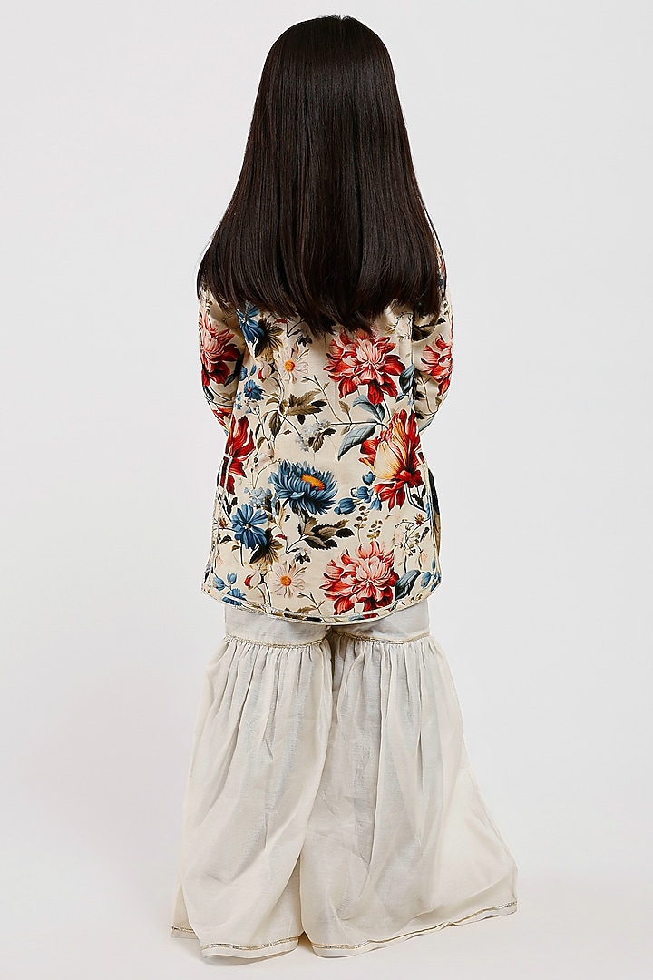Ivory Handwoven Chanderi Floral Printed Sharara Set For Girls by Mamma Plz at Pernia's Pop Up Shop