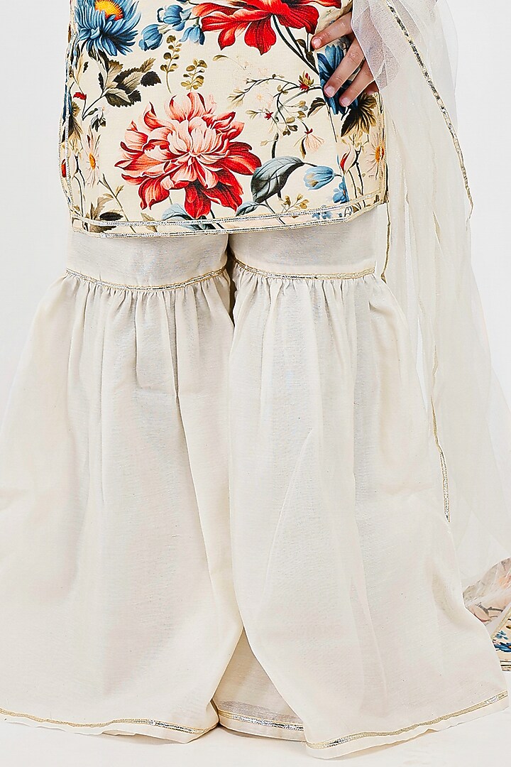 Ivory Handwoven Chanderi Floral Printed Sharara Set For Girls by Mamma Plz at Pernia's Pop Up Shop