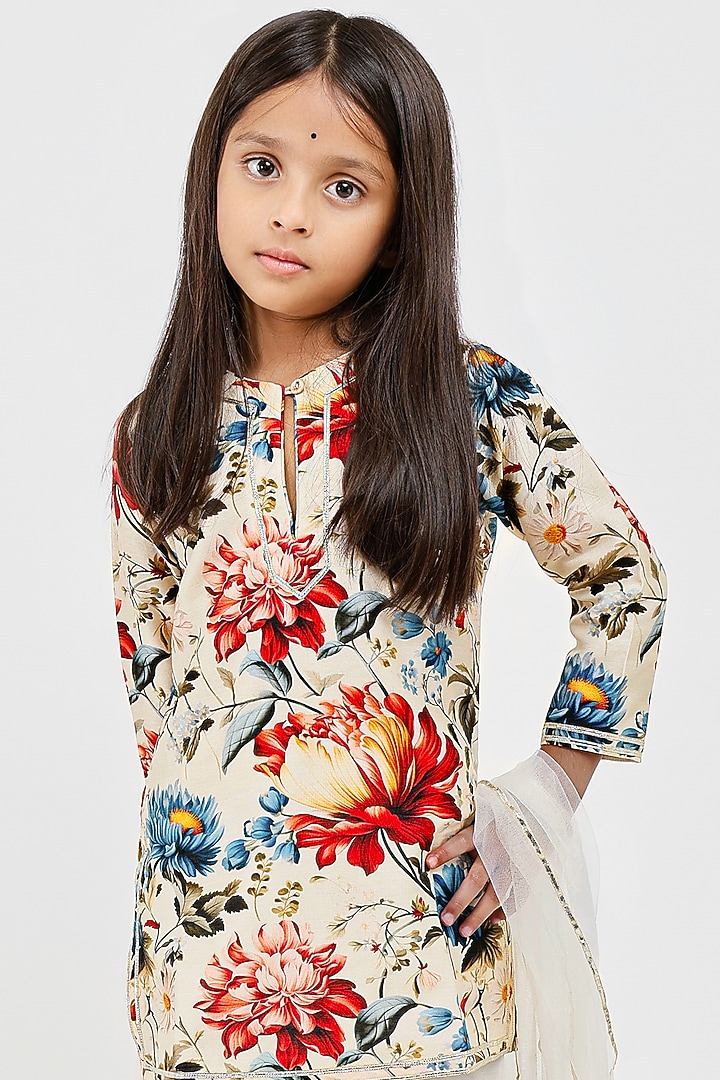 Ivory Handwoven Chanderi Floral Printed Sharara Set For Girls by Mamma Plz at Pernia's Pop Up Shop