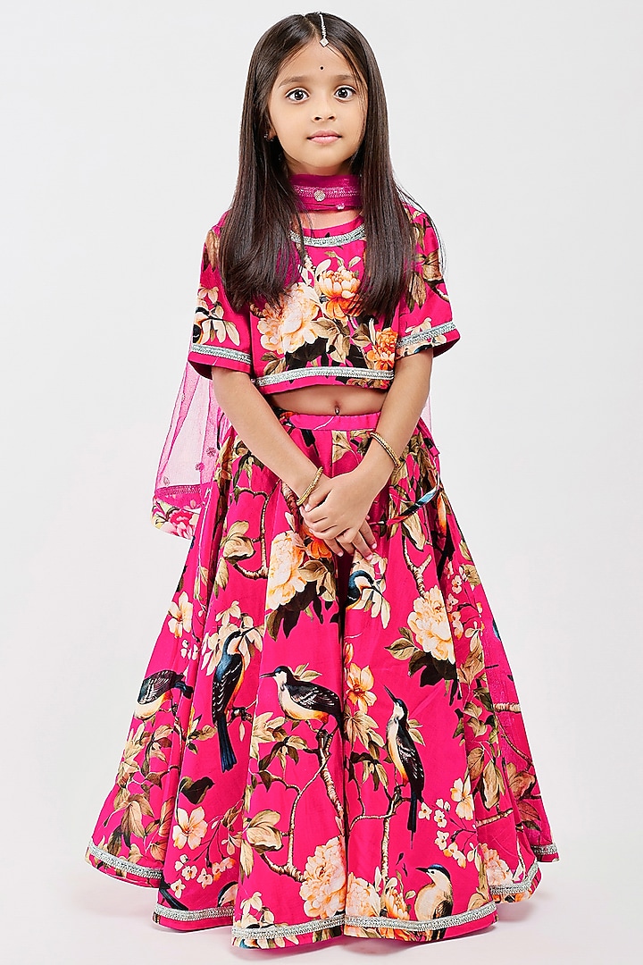 Pink Handwoven Chanderi Floral Printed Lehenga Set For Girls by Mamma Plz