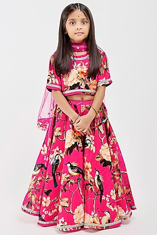 Pink Handwoven Chanderi Floral Printed Lehenga Set For Girls by Mamma Plz