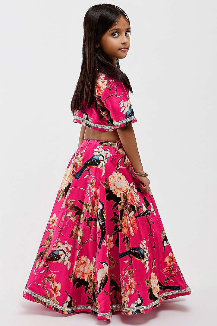 Pink Handwoven Chanderi Floral Printed Lehenga Set For Girls by Mamma Plz at Pernia's Pop Up Shop