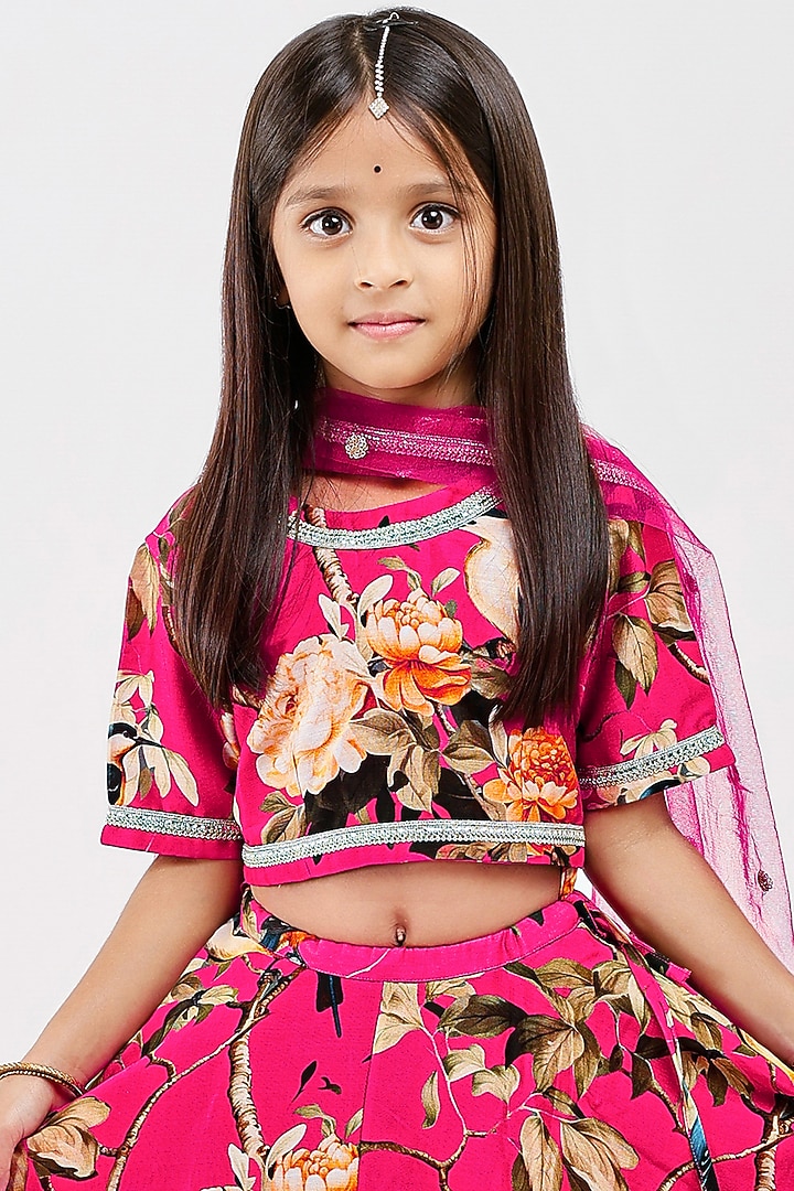 Pink Handwoven Chanderi Floral Printed Lehenga Set For Girls by Mamma Plz at Pernia's Pop Up Shop
