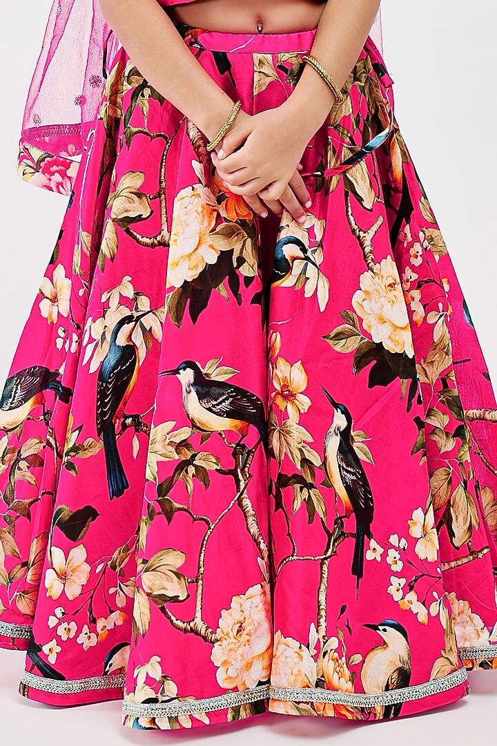Pink Handwoven Chanderi Floral Printed Lehenga Set For Girls by Mamma Plz at Pernia's Pop Up Shop