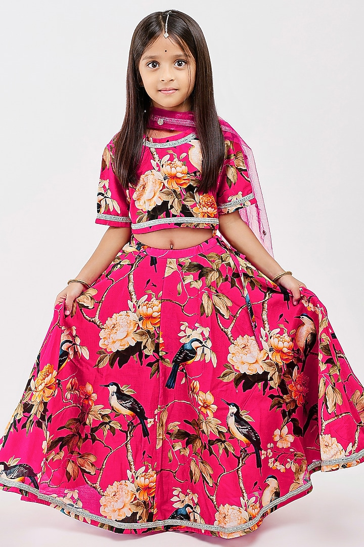 Pink Handwoven Chanderi Floral Printed Lehenga Set For Girls by Mamma Plz at Pernia's Pop Up Shop