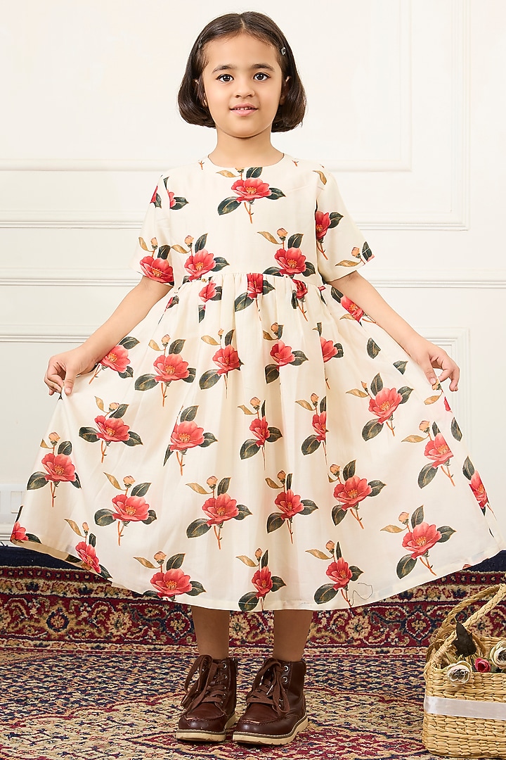 Ivory Handwoven Chanderi Digital Floral Printed Dress For Girls by Mamma Plz at Pernia's Pop Up Shop