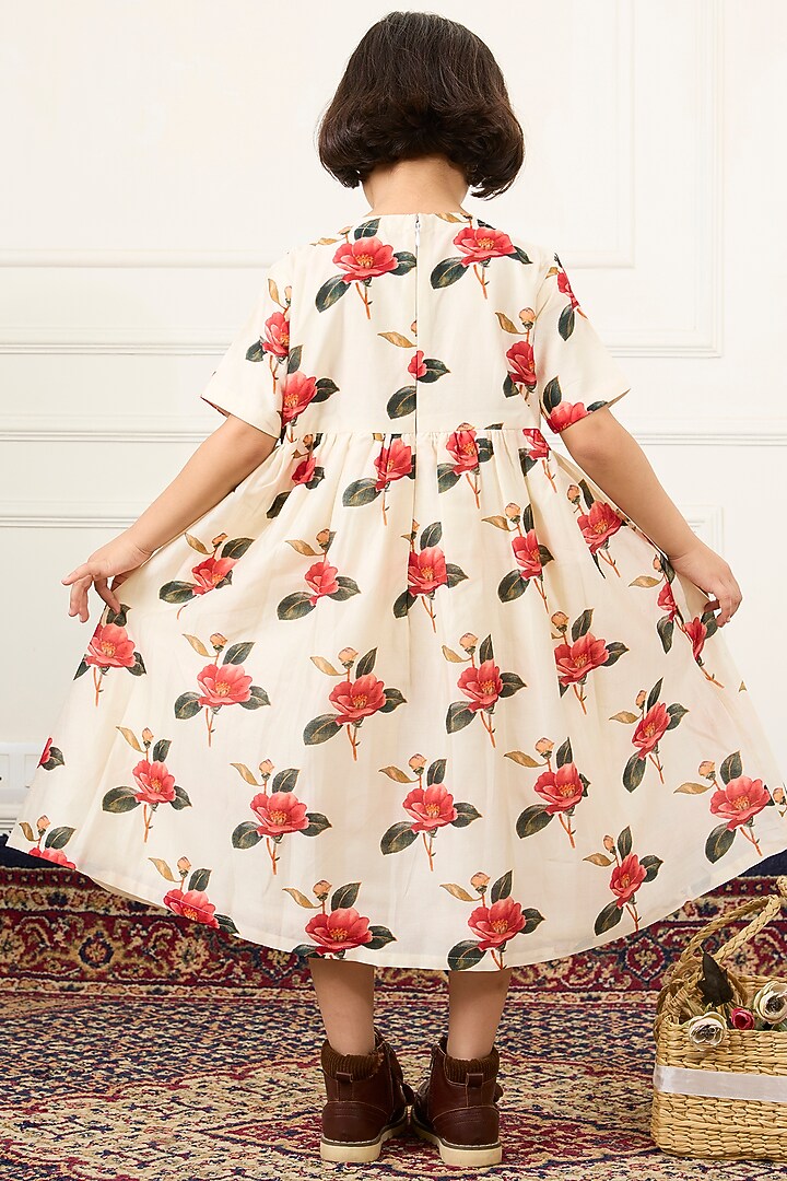 Ivory Handwoven Chanderi Digital Floral Printed Dress For Girls by Mamma Plz at Pernia's Pop Up Shop