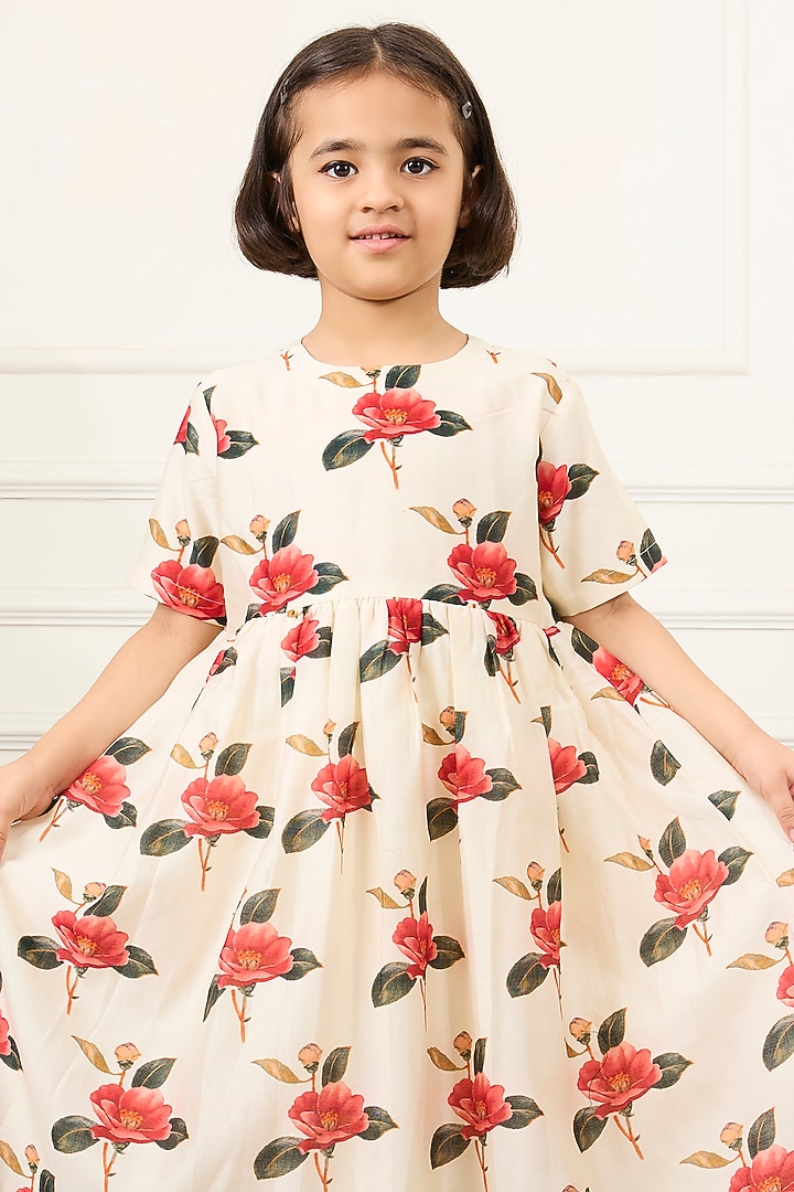 Ivory Handwoven Chanderi Digital Floral Printed Dress For Girls by Mamma Plz at Pernia's Pop Up Shop