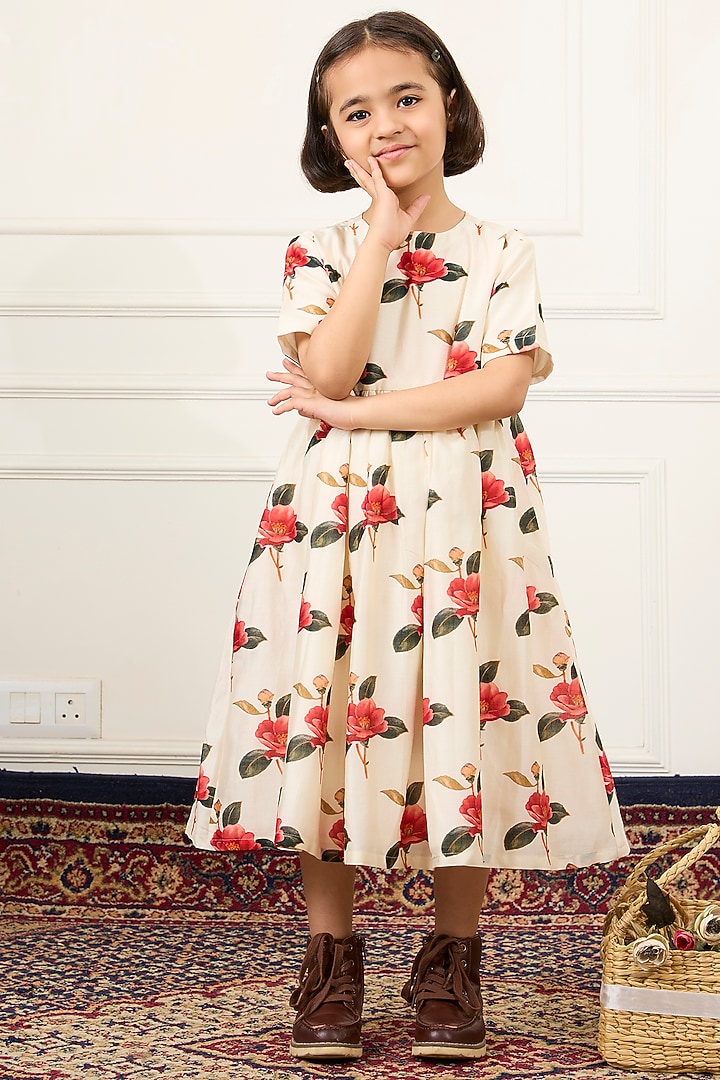 Ivory Handwoven Chanderi Digital Floral Printed Dress For Girls by Mamma Plz at Pernia's Pop Up Shop