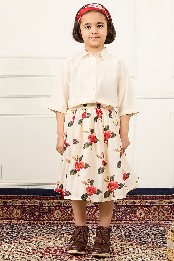 Ivory Handwoven Chanderi Floral Printed Skirt Set For Girls by Mamma Plz at Pernia's Pop Up Shop