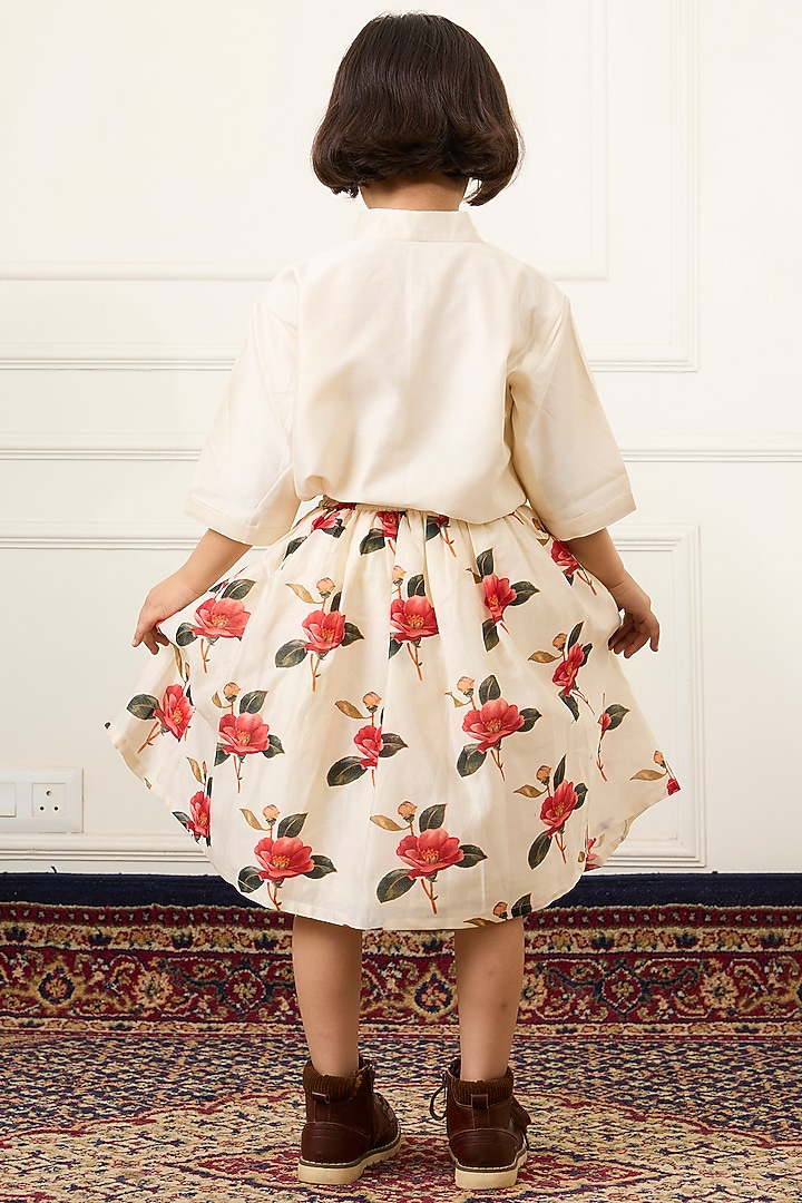 Ivory Handwoven Chanderi Floral Printed Skirt Set For Girls by Mamma Plz at Pernia's Pop Up Shop