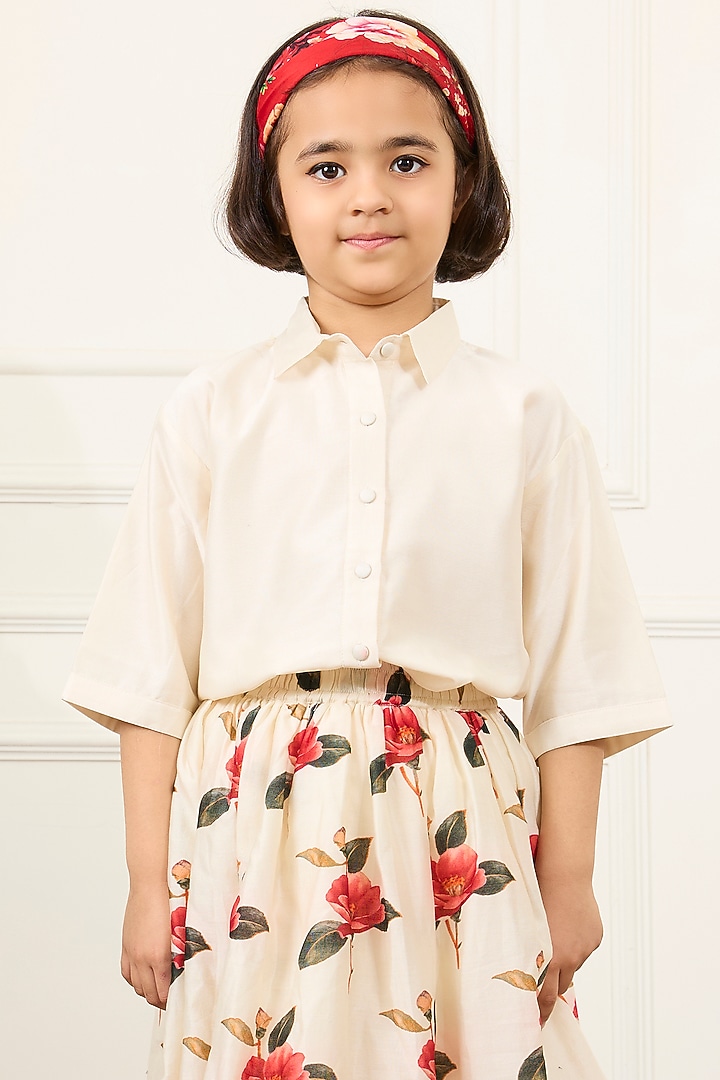 Ivory Handwoven Chanderi Floral Printed Skirt Set For Girls by Mamma Plz at Pernia's Pop Up Shop