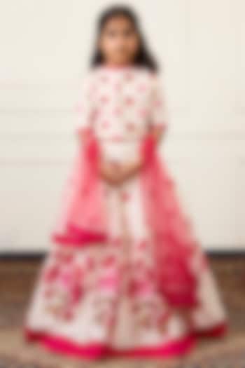 Ivory Handwoven Chanderi Digital Floral Printed Lehenga Set For Girls by Mamma Plz at Pernia's Pop Up Shop