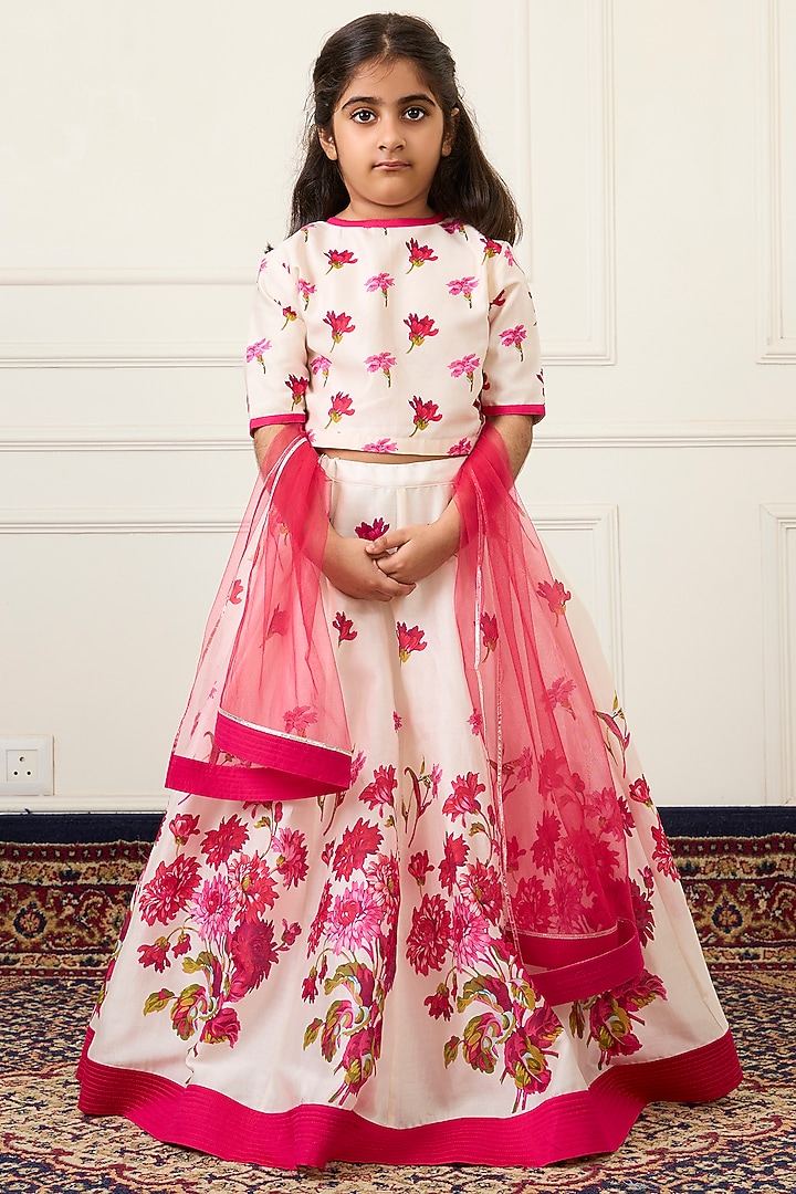Ivory Handwoven Chanderi Digital Floral Printed Lehenga Set For Girls by Mamma Plz at Pernia's Pop Up Shop