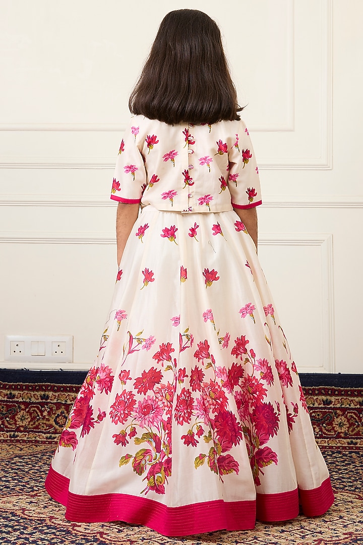 Ivory Handwoven Chanderi Digital Floral Printed Lehenga Set For Girls by Mamma Plz at Pernia's Pop Up Shop