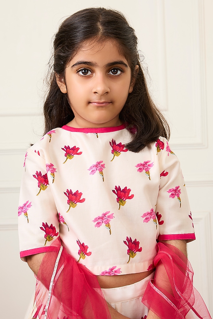 Ivory Handwoven Chanderi Digital Floral Printed Lehenga Set For Girls by Mamma Plz at Pernia's Pop Up Shop