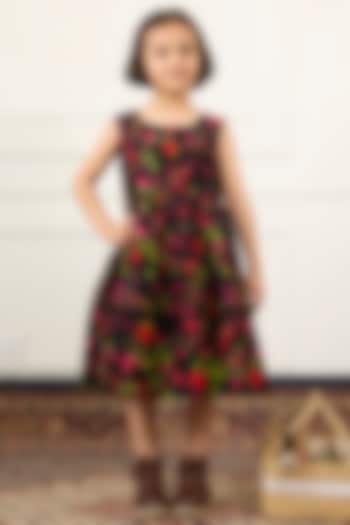 Black Handwoven Chanderi Digital Floral Printed Dress For Girls by Mamma Plz at Pernia's Pop Up Shop