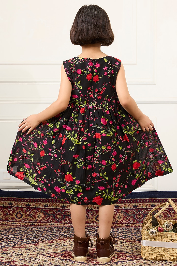 Black Handwoven Chanderi Digital Floral Printed Dress For Girls by Mamma Plz at Pernia's Pop Up Shop