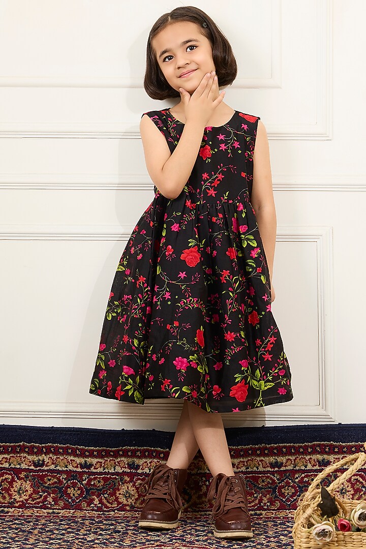 Black Handwoven Chanderi Digital Floral Printed Dress For Girls by Mamma Plz at Pernia's Pop Up Shop