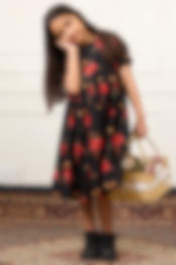 Black Handwoven Chanderi Digital Floral Printed Dress For Girls by Mamma Plz at Pernia's Pop Up Shop