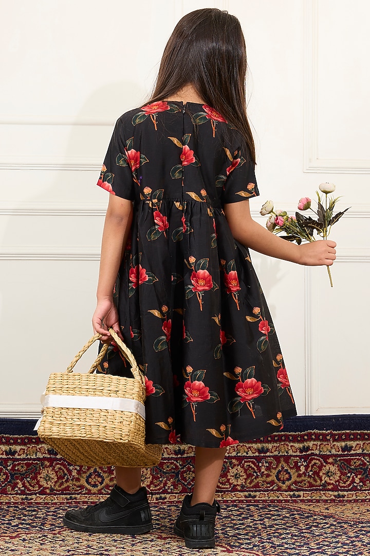 Black Handwoven Chanderi Digital Floral Printed Dress For Girls by Mamma Plz at Pernia's Pop Up Shop