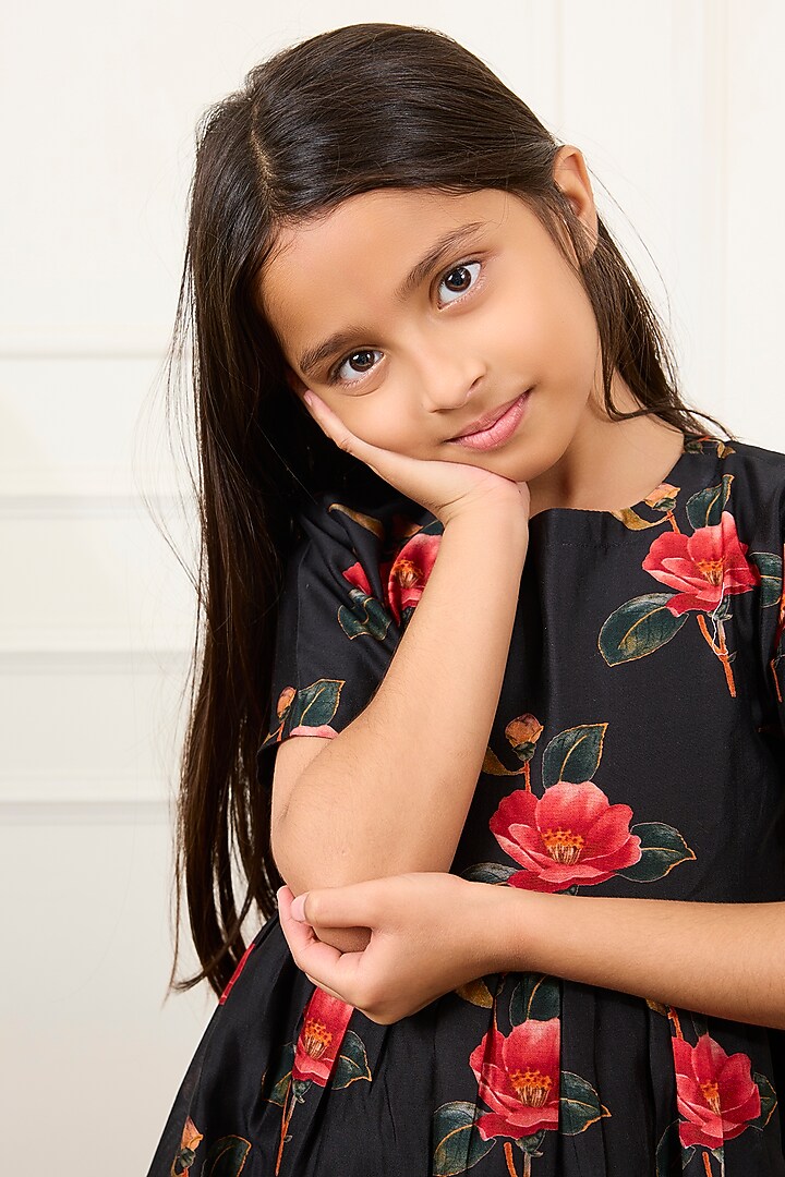 Black Handwoven Chanderi Digital Floral Printed Dress For Girls by Mamma Plz at Pernia's Pop Up Shop