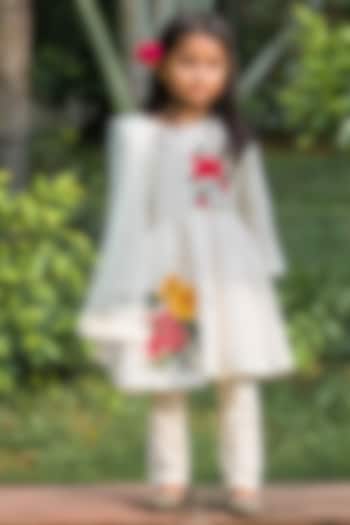Ivory Handwoven Chanderi Floral Embroidered Anarkali Set For Girls by Mamma Plz