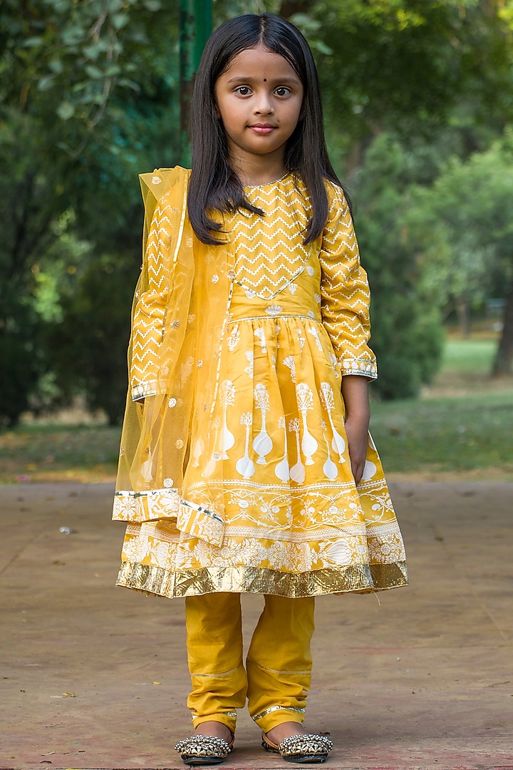 Yellow Handwoven Chanderi Block Printed Anarkali Set For Girls by Mamma Plz