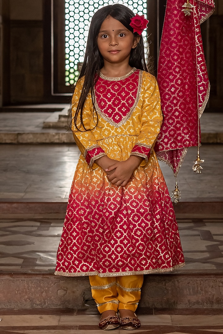 Ombre Mustard & Fuchsia Applique Anarkali Set For Girls by Mamma Plz at Pernia's Pop Up Shop