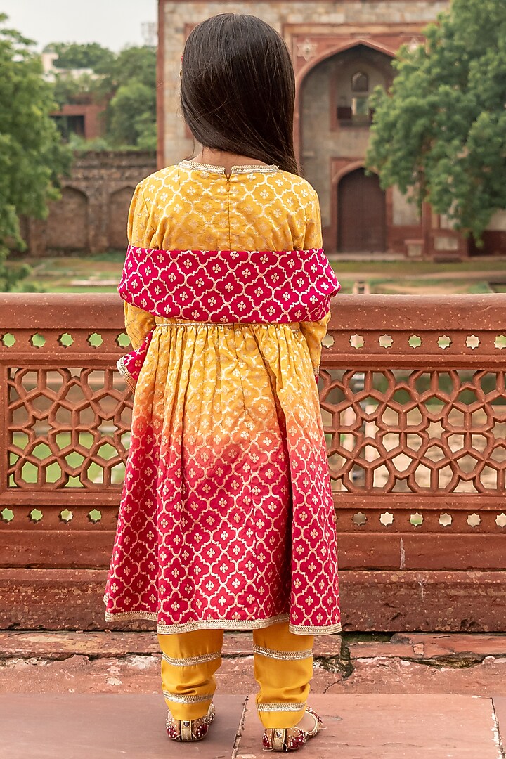 Ombre Mustard & Fuchsia Applique Anarkali Set For Girls by Mamma Plz at Pernia's Pop Up Shop