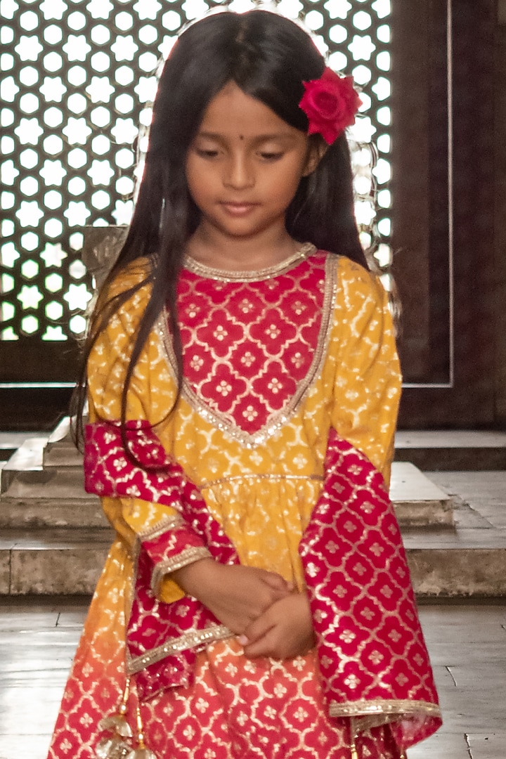 Ombre Mustard & Fuchsia Applique Anarkali Set For Girls by Mamma Plz at Pernia's Pop Up Shop