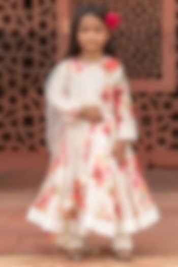 Ivory Handwoven Chanderi Floral Printed Anarkali Set For Girls by Mamma Plz
