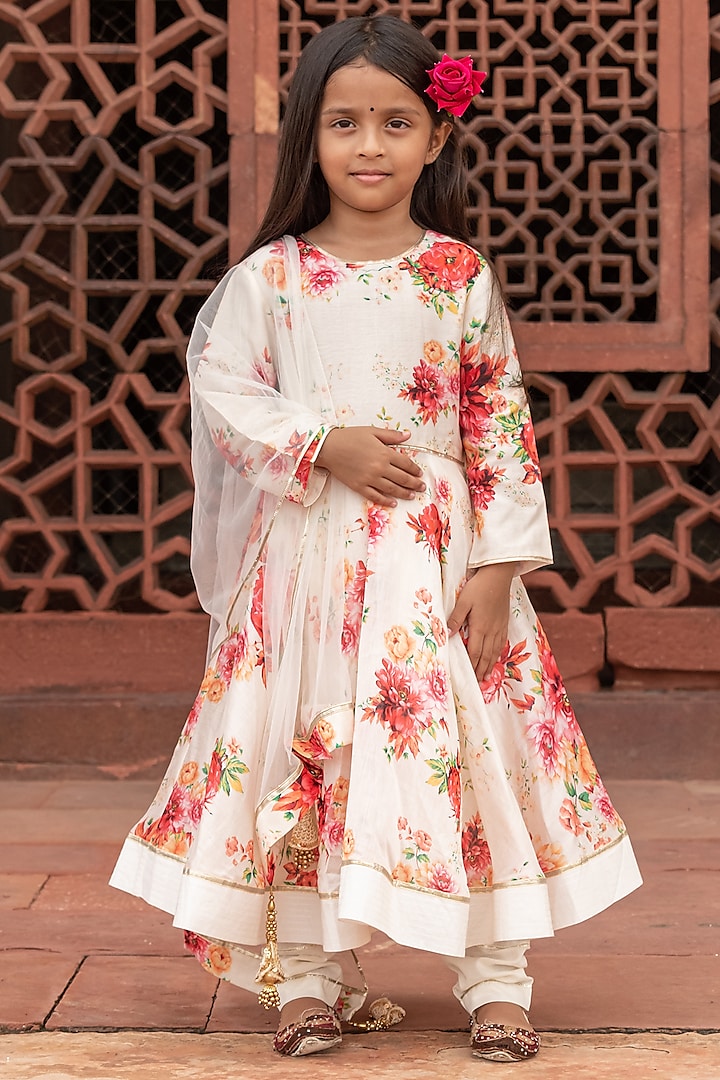 Ivory Handwoven Chanderi Floral Printed Anarkali Set For Girls by Mamma Plz