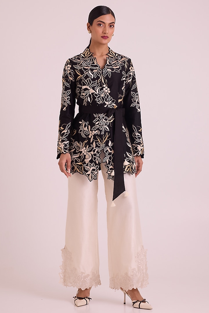 Black Handloom Chanderi Silk Floral Embroidered Blazer Jacket Set by MADDER MUCH at Pernia's Pop Up Shop