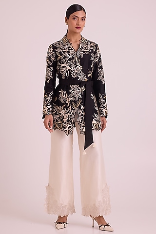 Black Handloom Chanderi Silk Floral Embroidered Blazer Jacket Set by MADDER MUCH