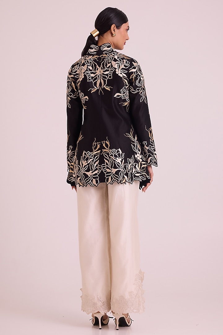 Black Handloom Chanderi Silk Floral Embroidered Blazer Jacket Set by MADDER MUCH at Pernia's Pop Up Shop