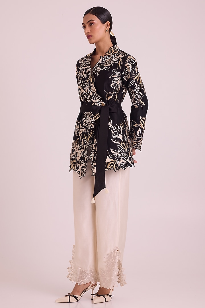Black Handloom Chanderi Silk Floral Embroidered Blazer Jacket Set by MADDER MUCH at Pernia's Pop Up Shop