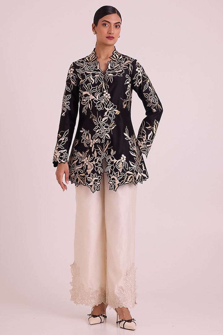 Black Handloom Chanderi Silk Floral Embroidered Blazer Jacket Set by MADDER MUCH at Pernia's Pop Up Shop